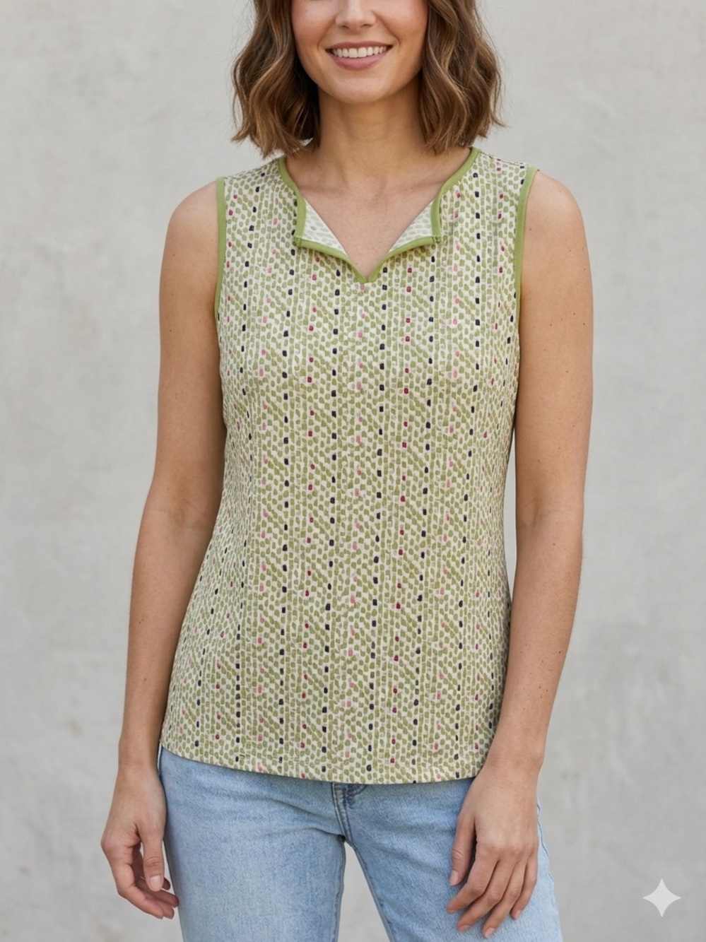 Liz Claiborne Vintage Style Green Geometric Print Sleeveless Blouse Small Y2K